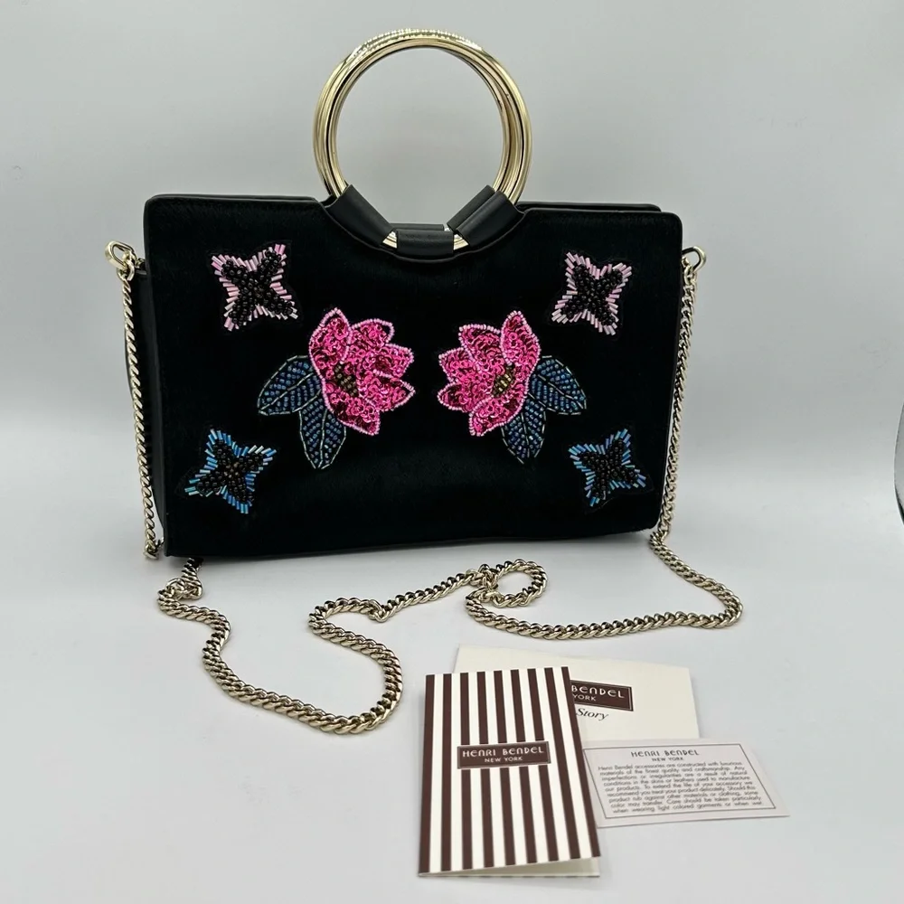Henri Bendel Marquis Mini Haircalf Floral Appliqué Satchel Sequin Beaded